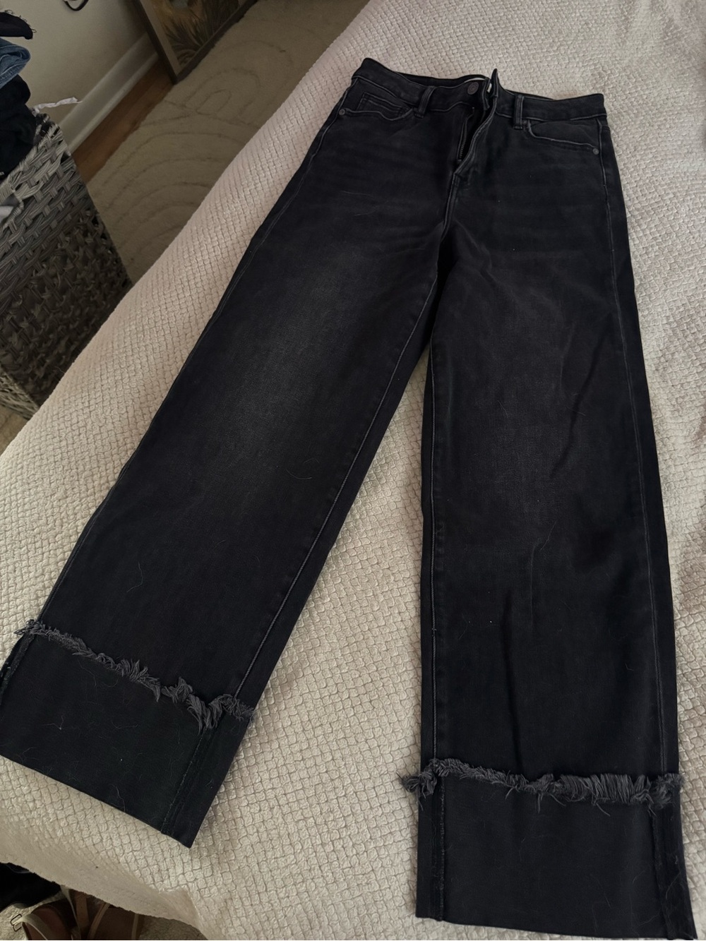 Wide Leg Black Frayed Hem Jeans - Women